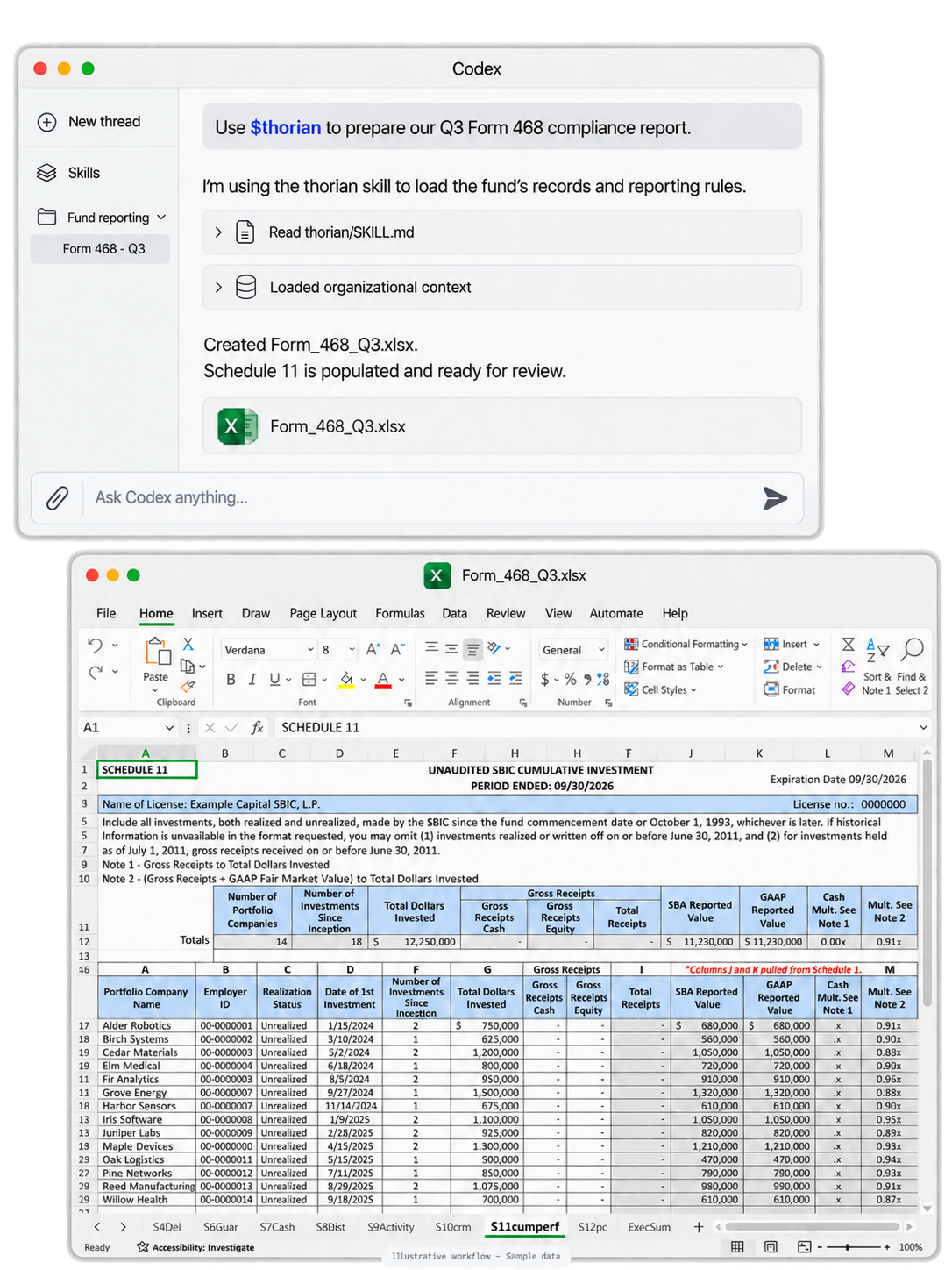 Centered titles in Codex and Excel