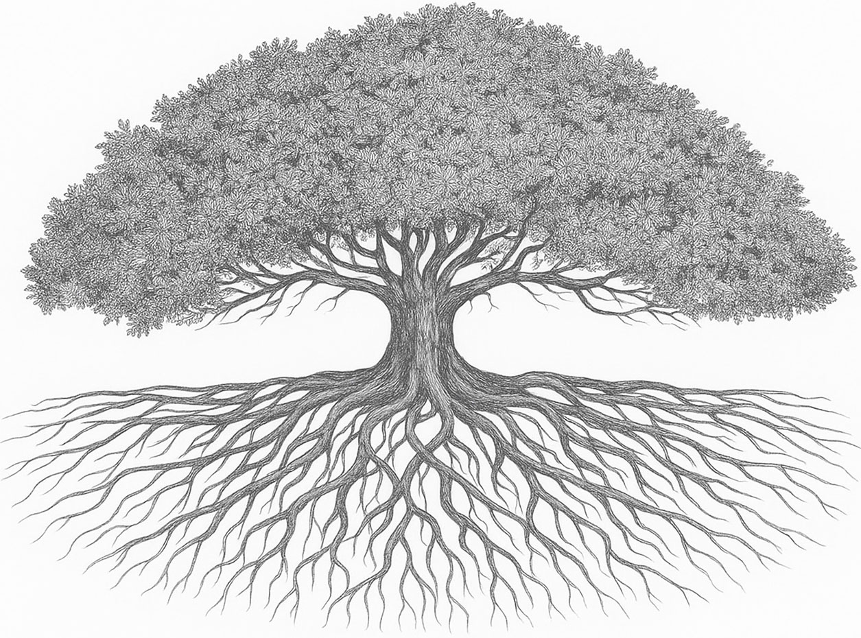 Detailed illustration of a tree with expansive roots